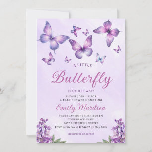 Invitación Chica Boho Cute Purple Floral Butterfly Baby Showe