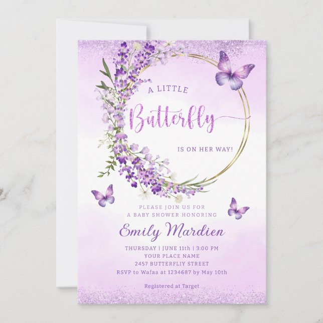 Invitación Chica Boho Cute Purple Floral Butterfly Baby Showe (Anverso)