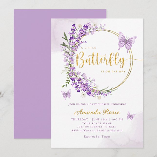 Invitación Chica Boho Cute Purple Floral Butterfly Baby Showe (Anverso / Reverso)