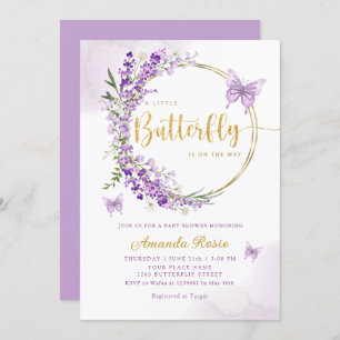 Invitación Chica Boho Cute Purple Floral Butterfly Baby Showe