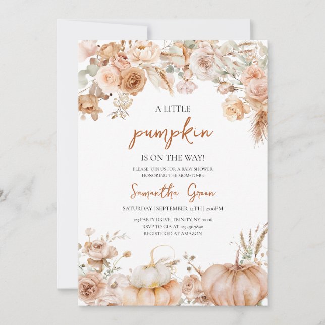 Invitación Chica Boho Florals Calabaza Baby Shower (Anverso)