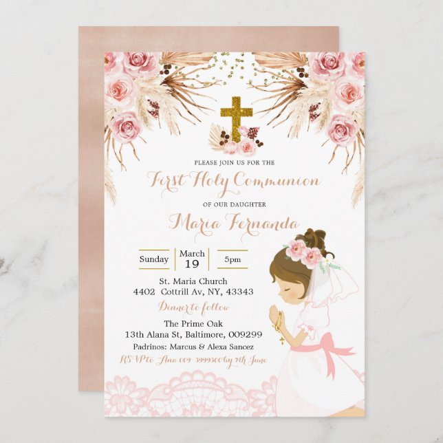 Invitación Chica Boho Pampas Primera comunión floral Invitaci (Anverso / Reverso)