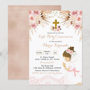 Invitación Chica Boho Pampas Primera comunión floral Invitaci