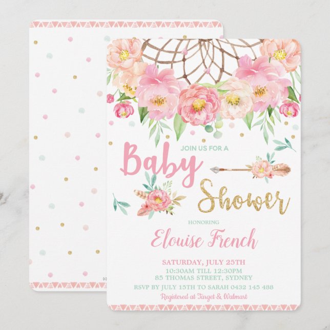 Invitación Chica Boho Pink Floral Baby Shower Dream Catcher (Anverso / Reverso)