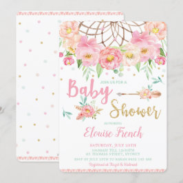 Invitación Chica Boho Pink Floral Baby Shower Dream Catcher