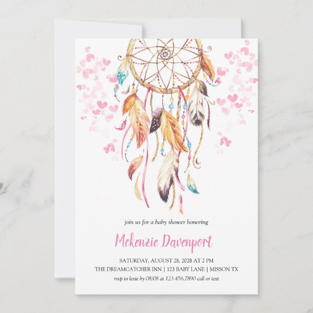 Invitación Chica Boho Pink Heart Pink Dreamcatcher Baby Showe (Anverso)
