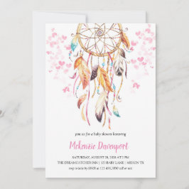 Invitación Chica Boho Pink Heart Pink Dreamcatcher Baby Showe