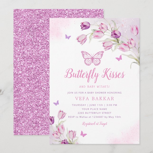 Invitación Chica Boho Pink Purple Floral Butterfly Baby Showe (Anverso / Reverso)