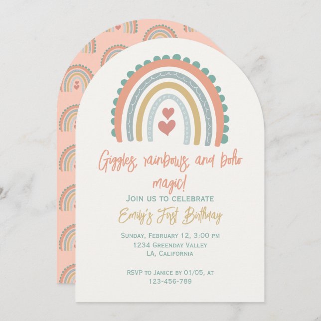 Invitación Chica Boho Rainbow Dreams coral ligero (Anverso / Reverso)