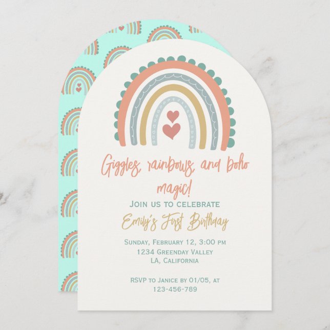 Invitación Chica Boho Rainbow Dreams menta verde (Anverso / Reverso)