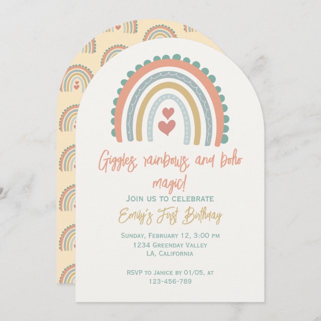 Invitación Chica Boho Rainbow sueña amarillo pálido (Anverso / Reverso)