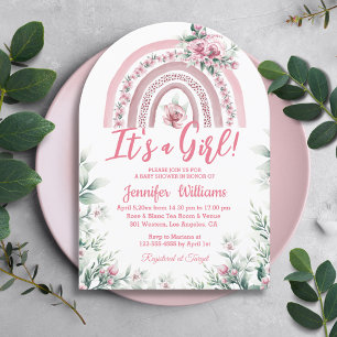 Invitación chica boho rosa florido bebé ducha arco iris