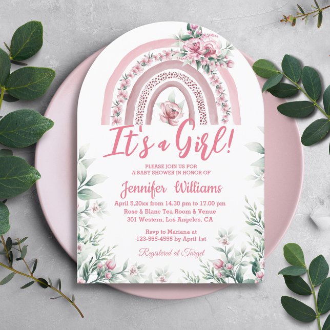 Invitación chica boho rosa florido bebé ducha arco iris (Subido por el creador)