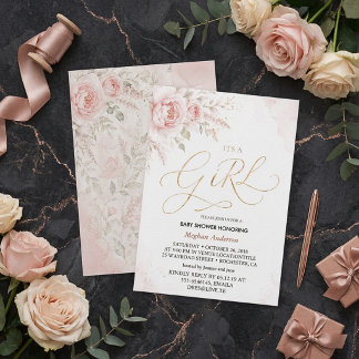 Invitación Chica boho rosa y dorado floral es una ducha de be