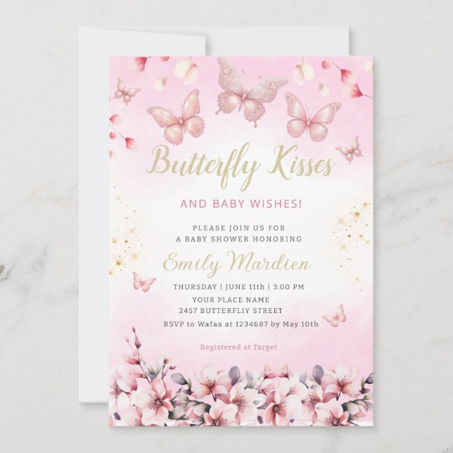 Invitación Chica Boho Rubor Pink Floral Butterfly Baby Shower (Anverso)