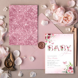 Invitación Chica Boho Rubor Pink Floral Butterfly Baby Shower