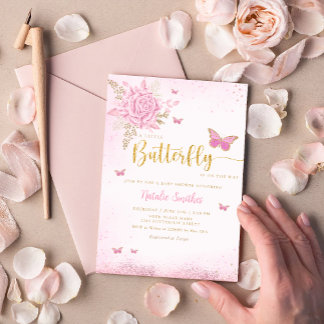 Invitación Chica Boho Rubor Pink Floral Butterfly Baby Shower