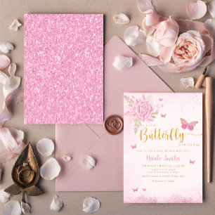 Invitación Chica Boho Rubor Pink Floral Butterfly Baby Shower