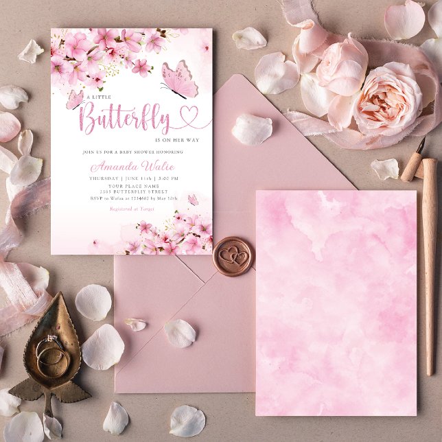 Invitación Chica Boho Rubor Pink Floral Butterfly Baby Shower (Subido por el creador)