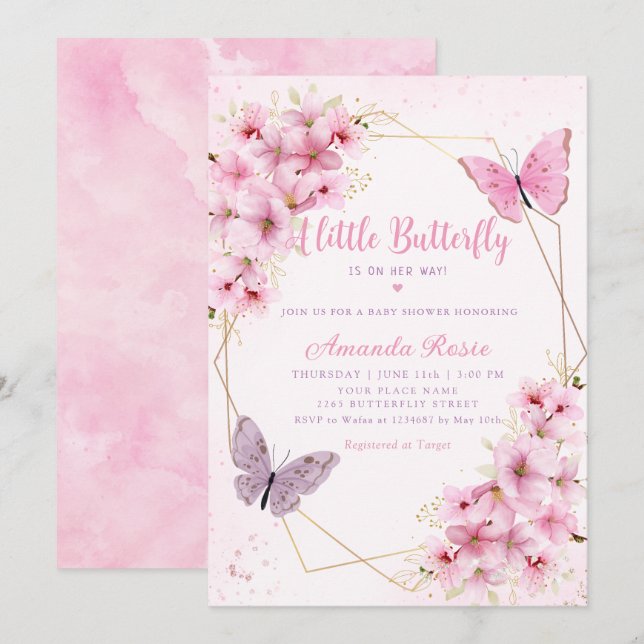 Invitación Chica Boho Rubor Pink Floral Butterfly Baby Shower (Anverso / Reverso)