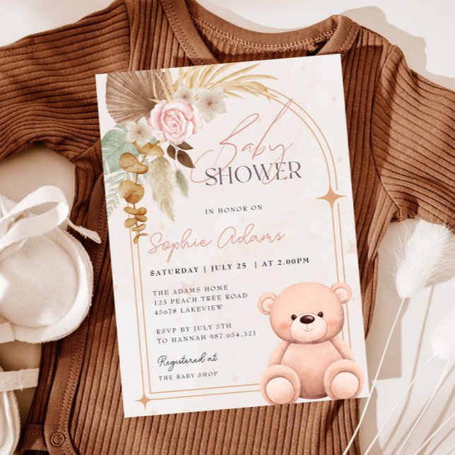 Invitación Chica Boho Teddy Bear Baby Shower rosa (Subido por el creador)