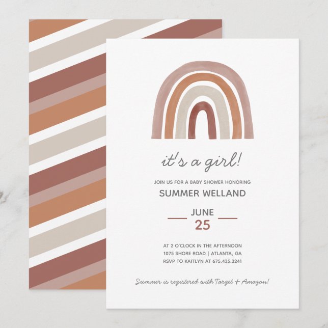 Invitación Chica Boho Watercolor Arcoiris Baby Shower (Anverso / Reverso)