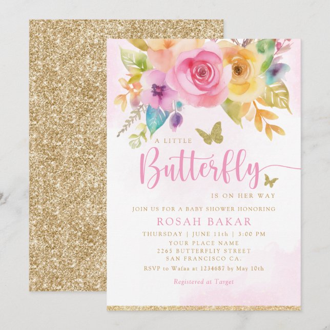Invitación Chica Boho Whimsical Floral Butterfly Baby Shower (Anverso / Reverso)
