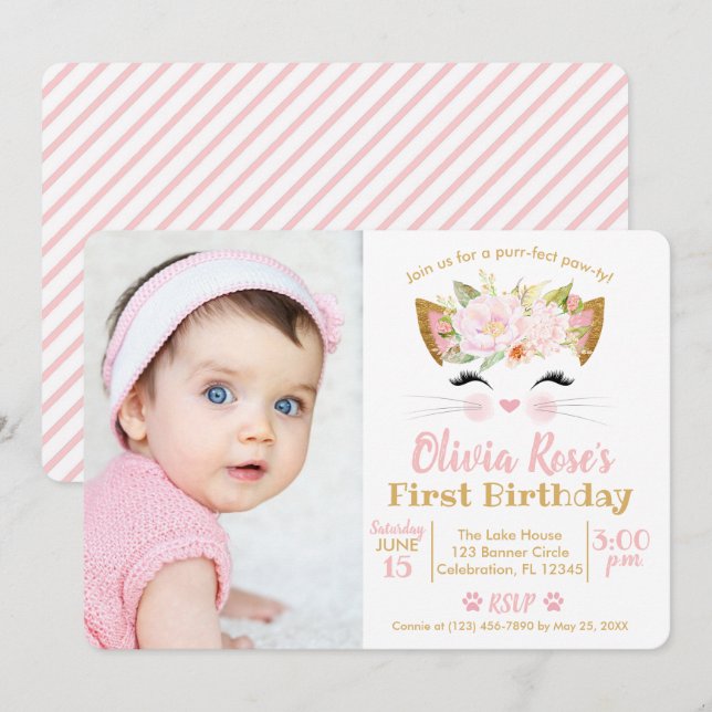 Invitación Chica bonito KITTY Foto cumpleaños (Anverso / Reverso)