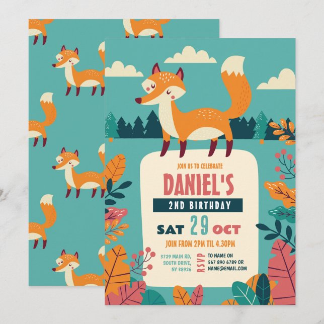 Invitación Chica Bosque Bosque de la fiesta de cumpleaños Fox (Anverso / Reverso)