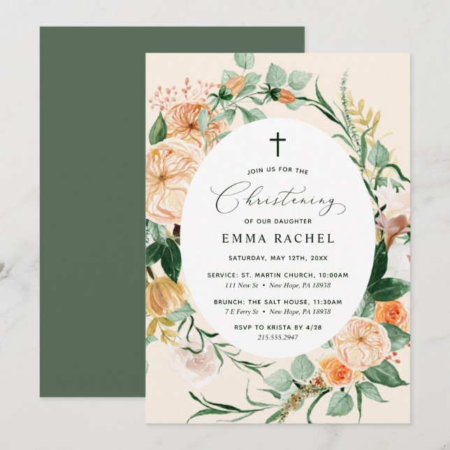 Invitación Chica Botánica de Boho Peach Christening Personali (Anverso / Reverso)