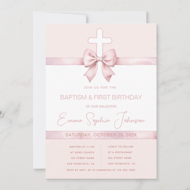 Invitación Chica Bow Baptism First Birday Pink Ribbon Cross (Anverso)