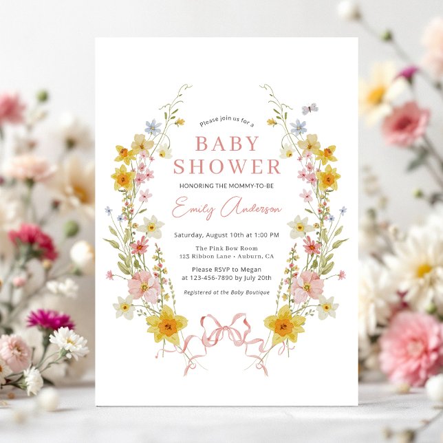 Invitación Chica Bow Pink Wildflower Coquette Baby Shower (Subido por el creador)