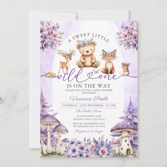Invitación Chica Bow Purple Deer Woodland Wild One Baby Showe (Anverso)