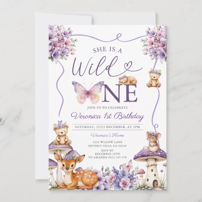 Invitación Chica Bow Purple Deer Woodland Wild Un Cumpleaños (Anverso)
