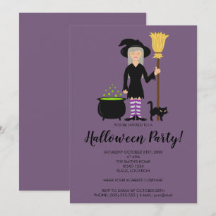 Invitación Chica Bruja Linda Vuela En Una Escoba Fiesta De Ha