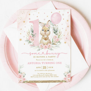 Invitación Chica Bunny Primer cumpleaños Fiesta de globo flor