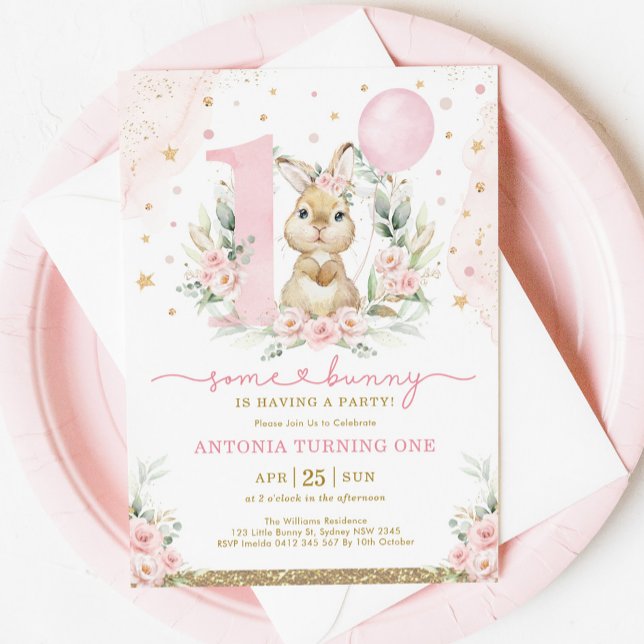 Invitación Chica Bunny Primer cumpleaños Fiesta de globo flor (Subido por el creador)