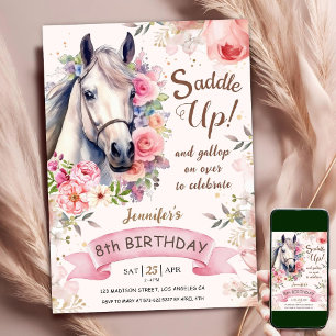 Invitación Chica Caballo Cumpleaños 8 Flores Rosas Ensillar 