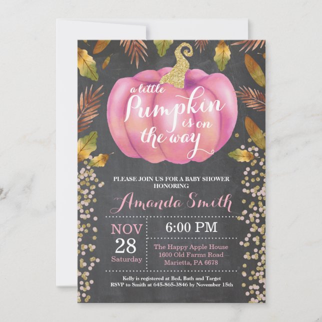 Invitación Chica Calabaza Cae Baby Shower Purpurina de oro (Anverso)
