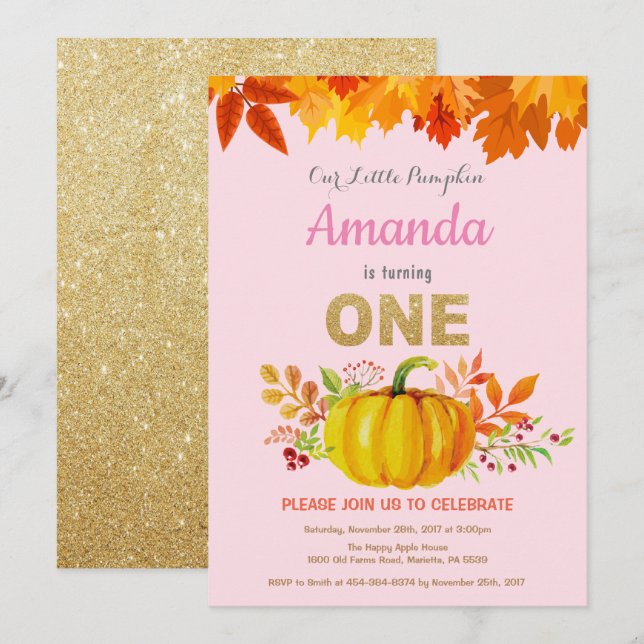Invitación Chica Calabaza Caída Primer Purpurina de oro de cu (Anverso / Reverso)