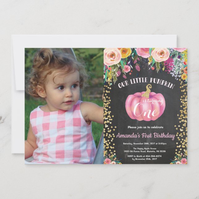 Invitación Chica Calabaza de oro floral de primer cumpleaños (Anverso)