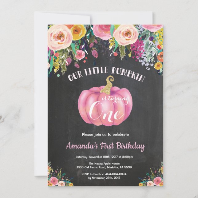 Invitación Chica Calabaza de oro floral de primer cumpleaños (Anverso)