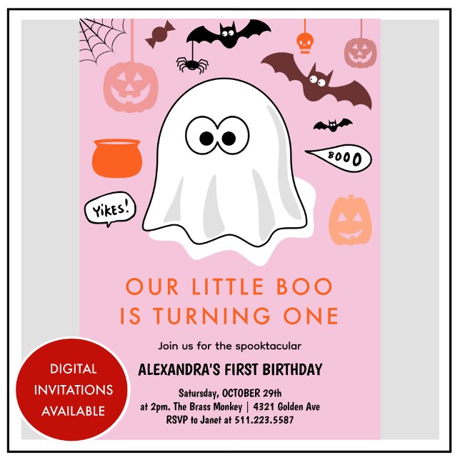 Invitación Chica Calabaza Fantasma Rosa Halloween 1º cumpleañ (Halloween-1st-birthday-Invitation-ghost-girl-pink-1)