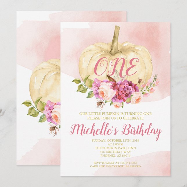 Invitación Chica Calabaza Oro Rosa Primer Cumpleaños Acuarela (Anverso / Reverso)