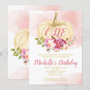 Invitación Chica Calabaza Oro Rosa Primer Cumpleaños Acuarela