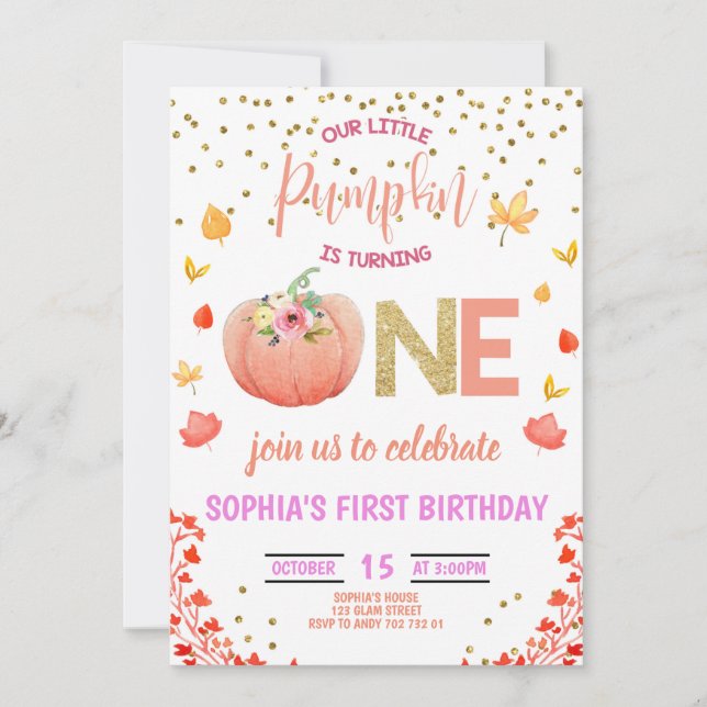 Invitación Chica Calabaza Primer cumpleaños UN Purpurina de o (Anverso)