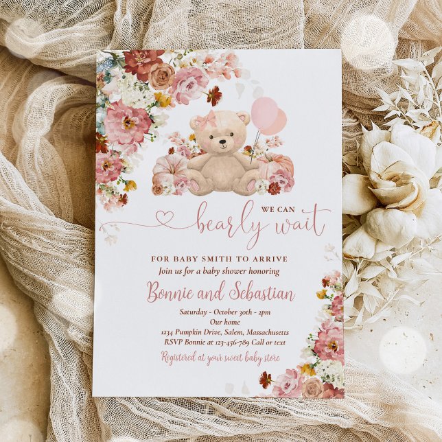 Invitación Chica Calabaza Teddy Bear Floral Caída Baby Shower (Subido por el creador)