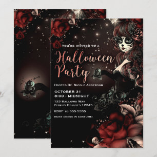 Invitación Chica Calavera Día de Muertos Fiesta de Halloween 