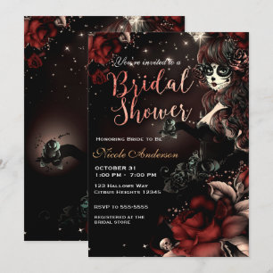Invitación Chica Calavera Día de Muertos Rojo Negro Despedida