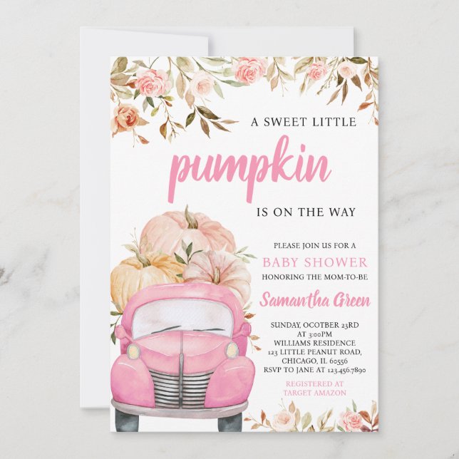 Invitación Chica Camión de calabaza rosa Baby Shower (Anverso)